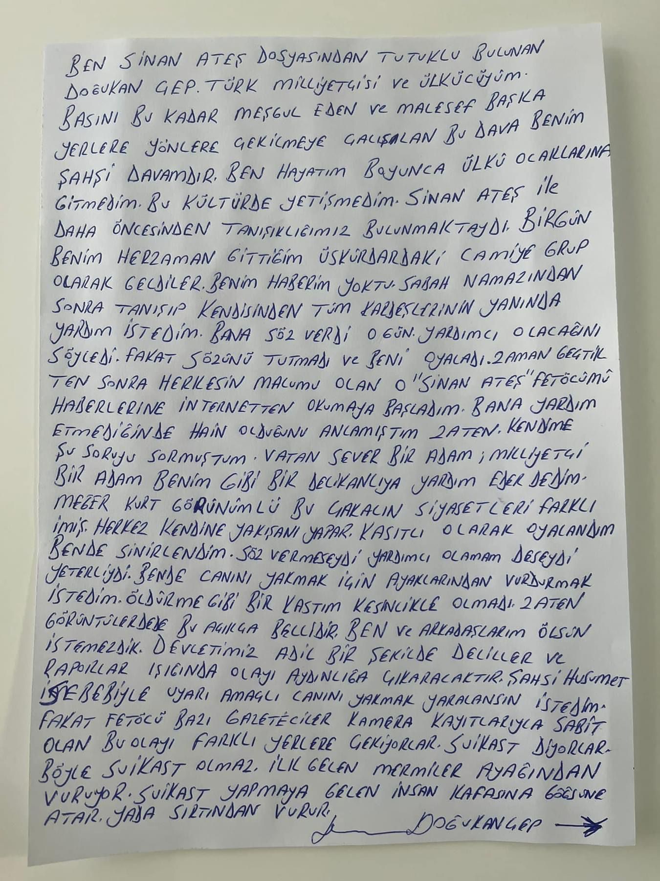 Sinan Ateş cinayetinde katil zanlısı Doğukan Çep’ten mektup! Sinan Ateş cinayeti tutuklusu Doğukan Cep kimdir? Sinan Ateş cinayetinde tutuklu mektubu - Resim : 1